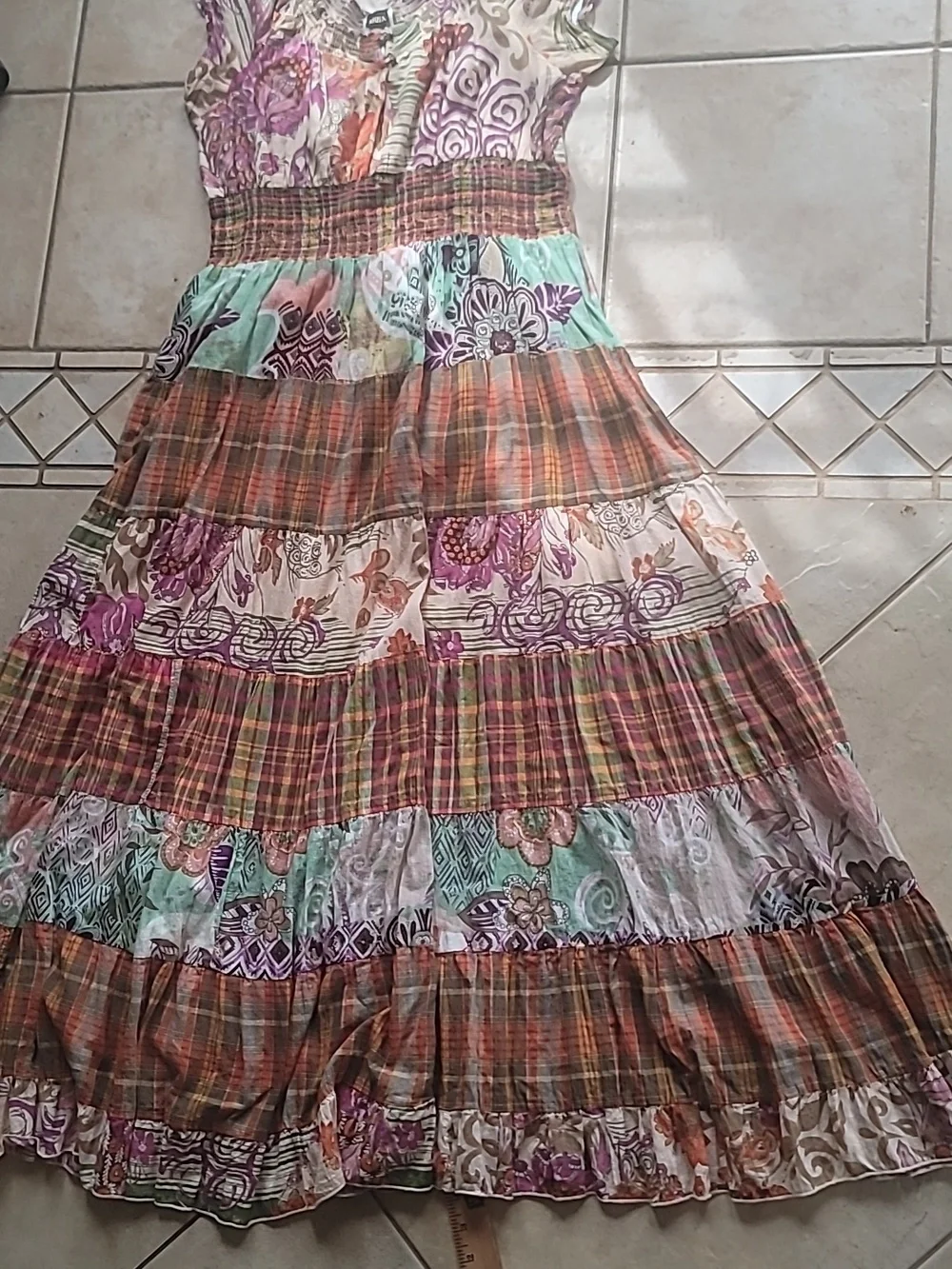 Boho Mix-Print Patchwork Maxi Dress in Multi-Colors Coastal Cowgirl  SZ L - Picture 4 of 16